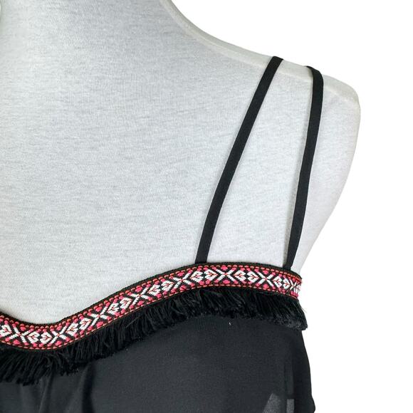 Bebe Black Tribal Embroidered with Black Fringe Bustier Top with Sheer Overlay - Picture 4 of 10